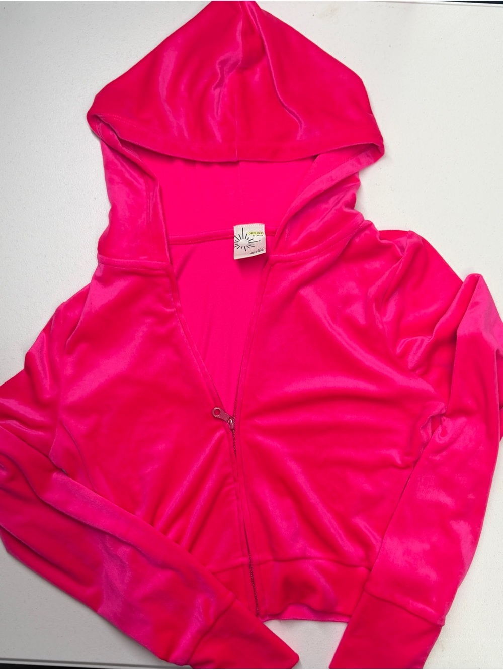 OFFLINE by Aerie Hot Pink Velour Cropped Zip Hoodie Women’s Small